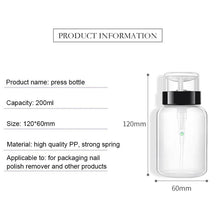 Load image into Gallery viewer, 1Pc 200ml 2 Color Nail Polish Remover Alcohol Liquid Press Pumping Bottle Nail Art UV Gel Cleaner Empty Plastic Container Tool
