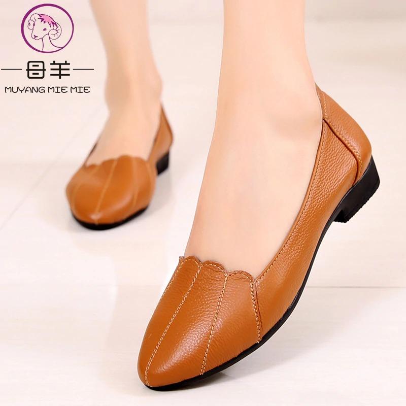 MUYANG MIE MIE Women Shoes Woman Genuine Leather Flat Shoes Female Casual Work Ballet Flats Women Flats Larger size ladies shoes